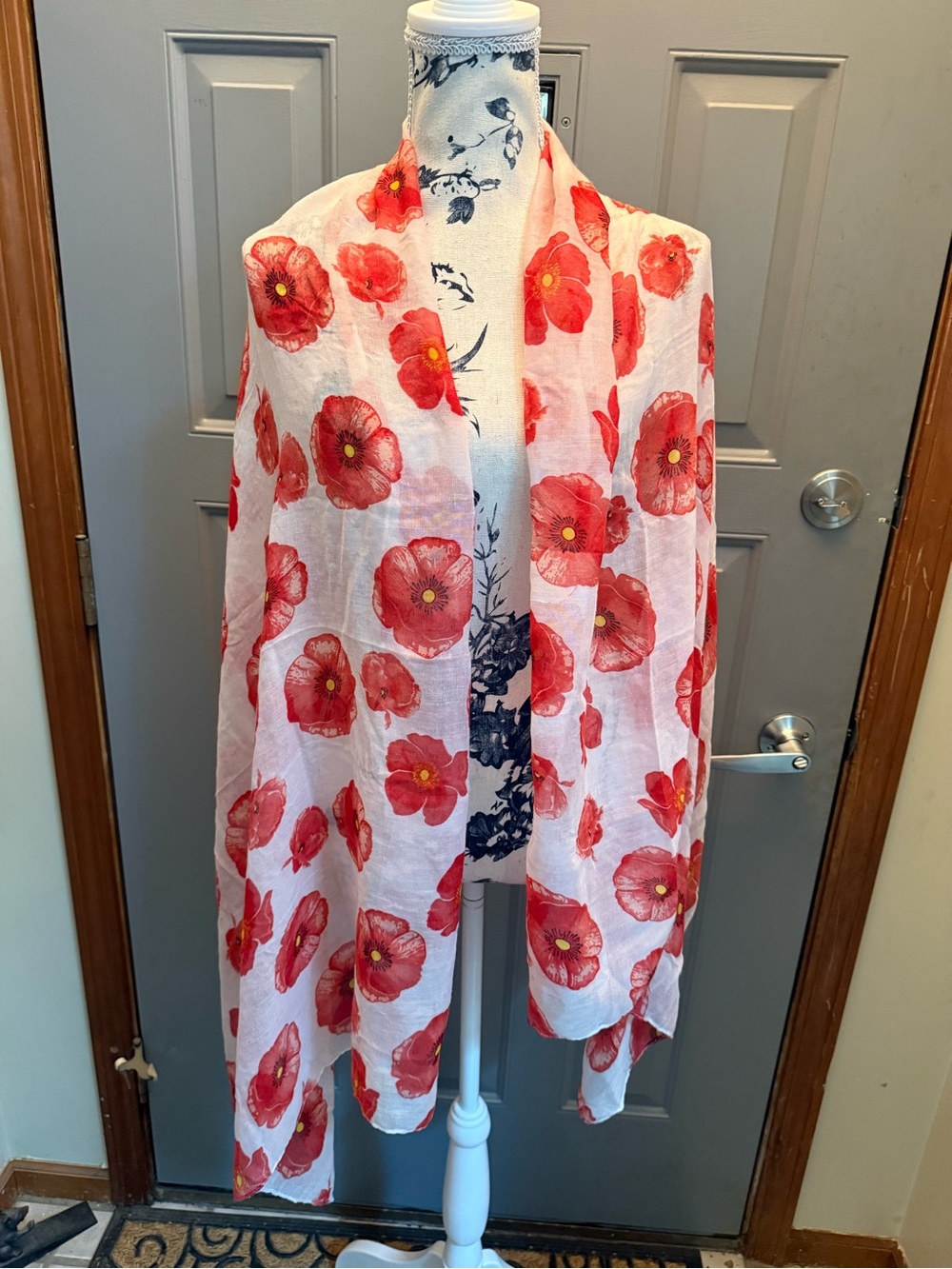 Lightweight Red White Floral Shawl/Scarf/Sarong  32 x70”- Poppies